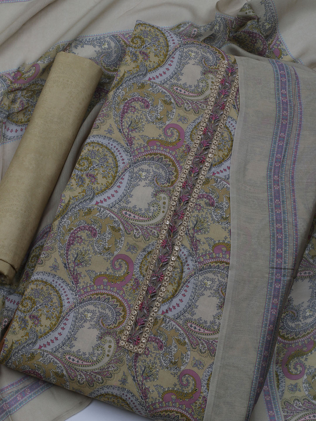 Printed Cotton Blend Unstitched Suit With Dupatta