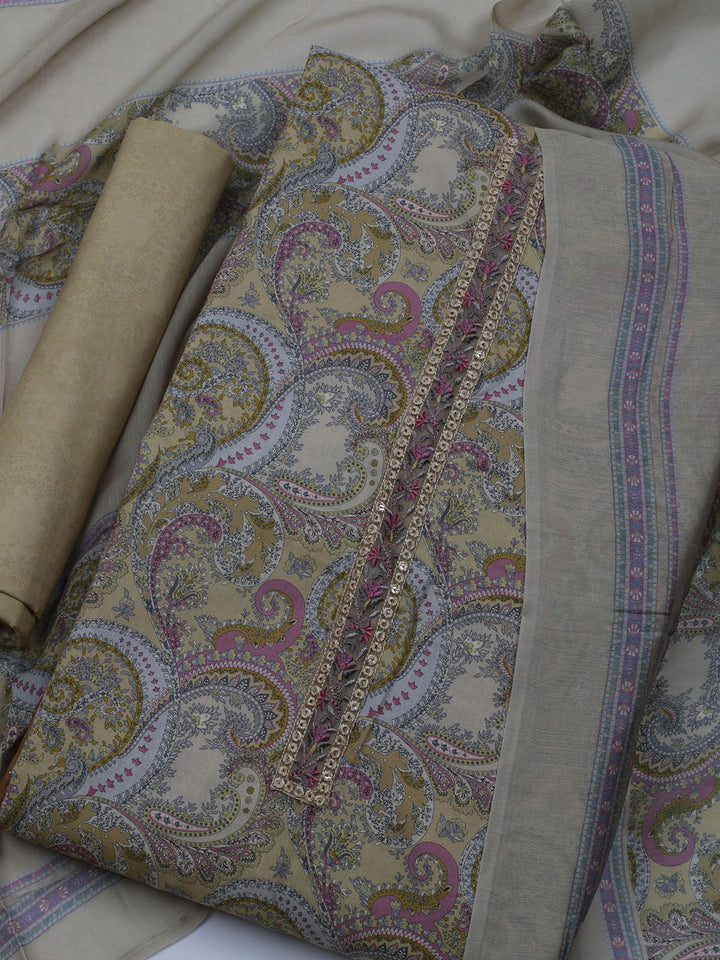 Printed Cotton Blend Unstitched Suit With Dupatta