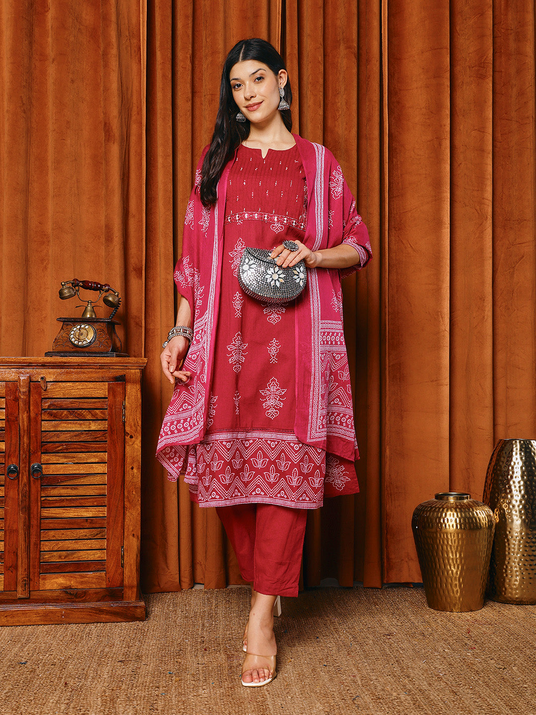Printed Cotton Blend Kurta With Pants & Dupatta