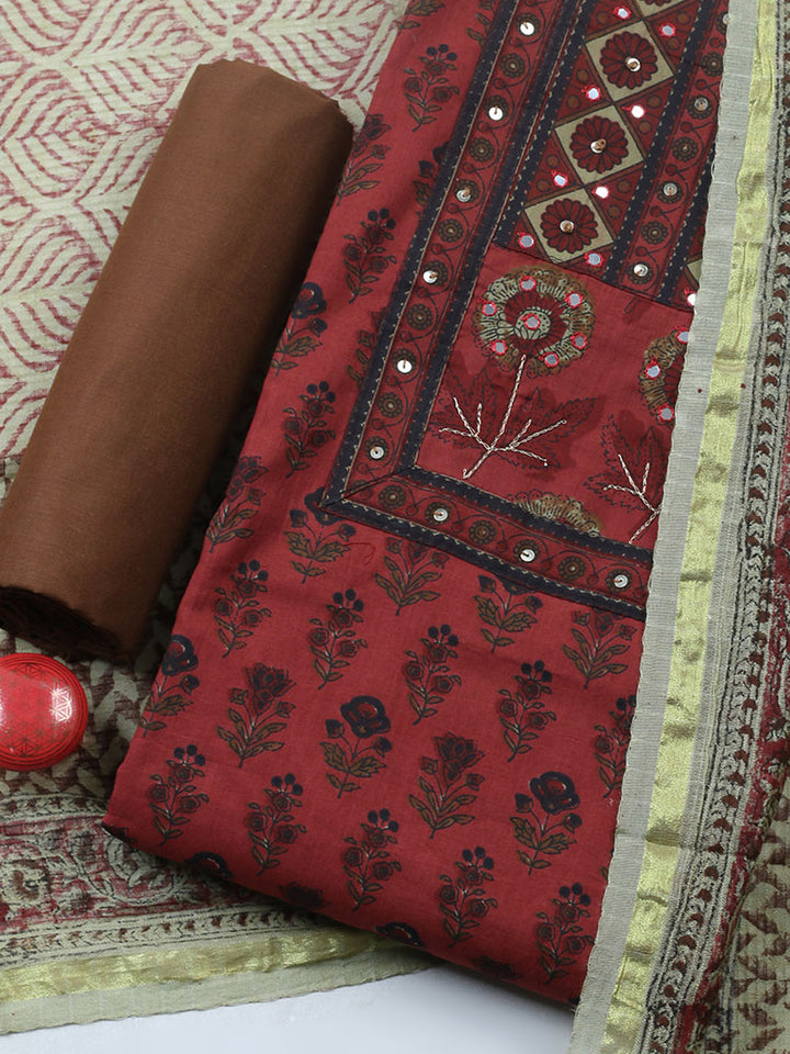 Printed Cotton Blend Unstitched Suit With Pant &amp; Dupatta