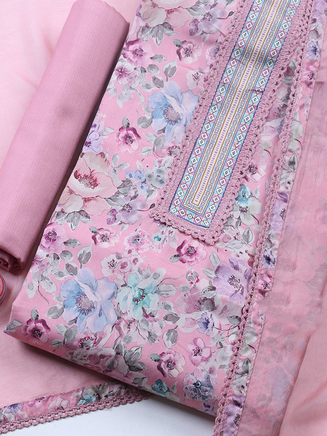 Embroidered Cotton Blend Unstitched Suit With Pant &amp; Dupatta