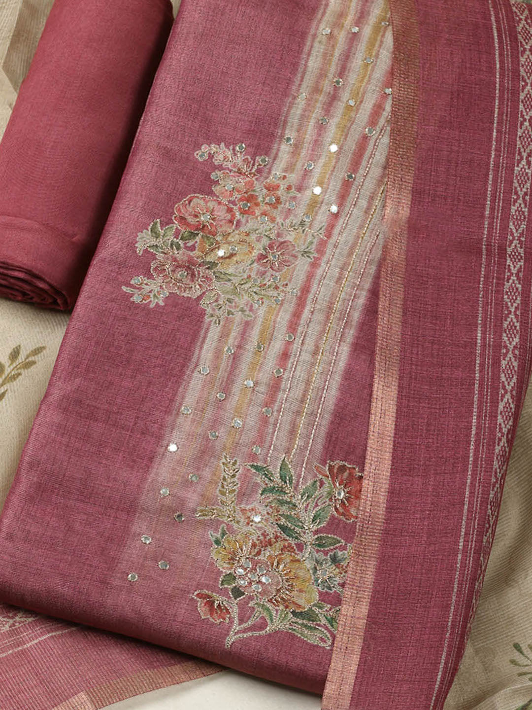 Embroidered Tissue Unstitched Suit With Pant &amp; Dupatta