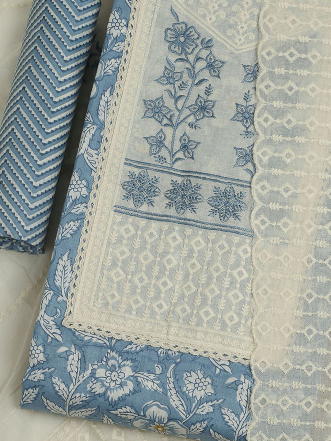 Printed Cotton Unstitched Suit With Pant &amp; Dupatta