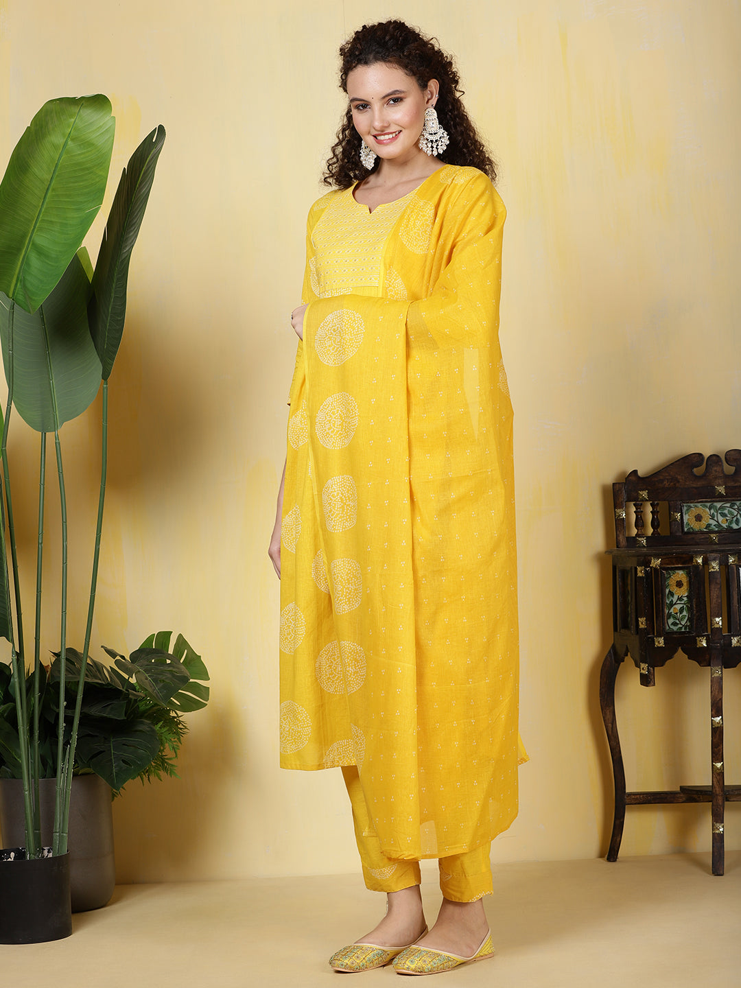 Printed Cotton Blend Kurta With Pants &amp; Dupatta