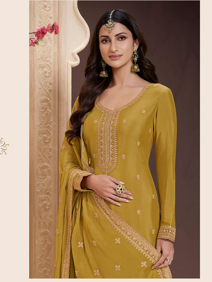 Embroidered Chinon Unstitched Suit With Pant &amp; Dupatta