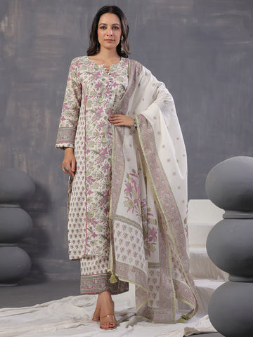 Floral Print Cotton Kurta With Pants & Dupatta