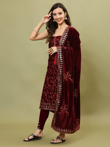 Neck Embroidered Velvet Unstitched Suit Piece With Dupatta