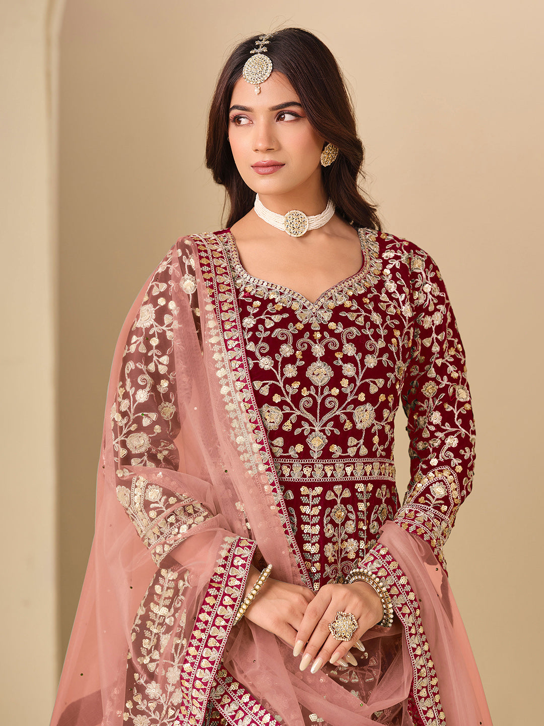 Embroidered Velvet Semi Stitched Kurta With Pant &amp; Dupatta