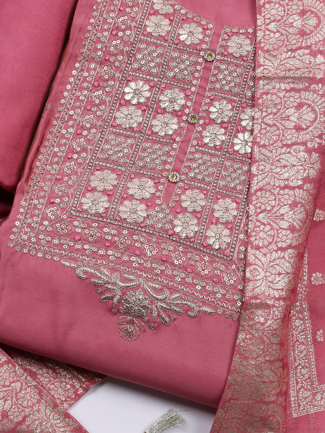 Neck Embroidered Chanderi Unstitched Suit With Dupatta