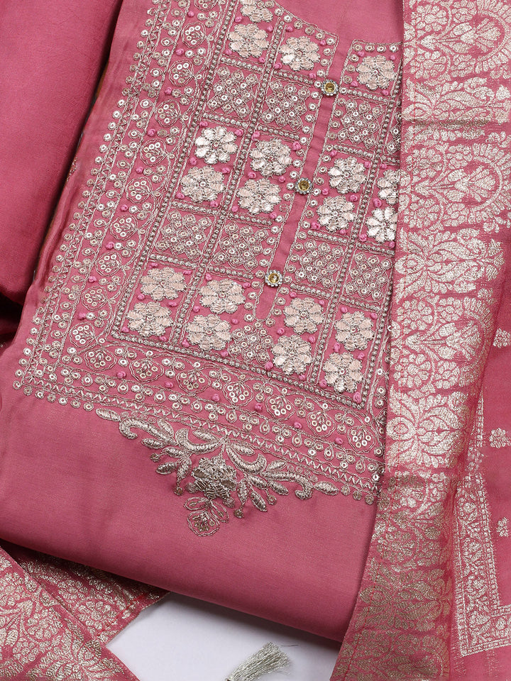 Neck Embroidered Chanderi Unstitched Suit With Dupatta
