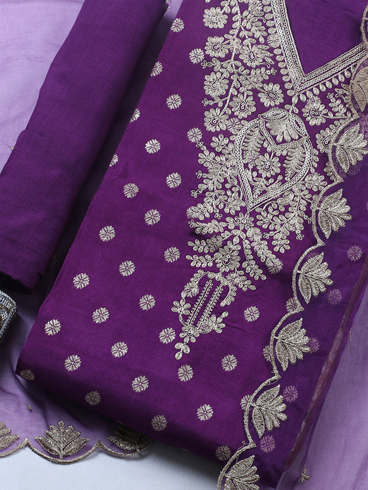 Embroidered Chanderi Unstitched Suit With Pant &amp; Dupatta