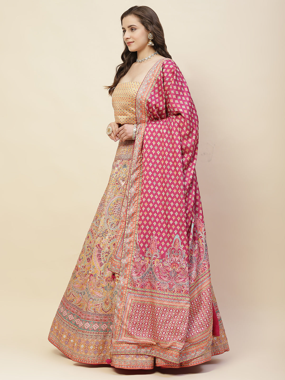 Printed & Thread Embroidered Choli With Unstitched Lehenga & Dupatta