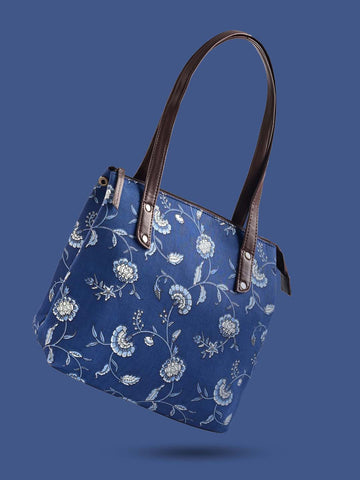 Navy Blue Printed Cotton Handbag With Clutch
