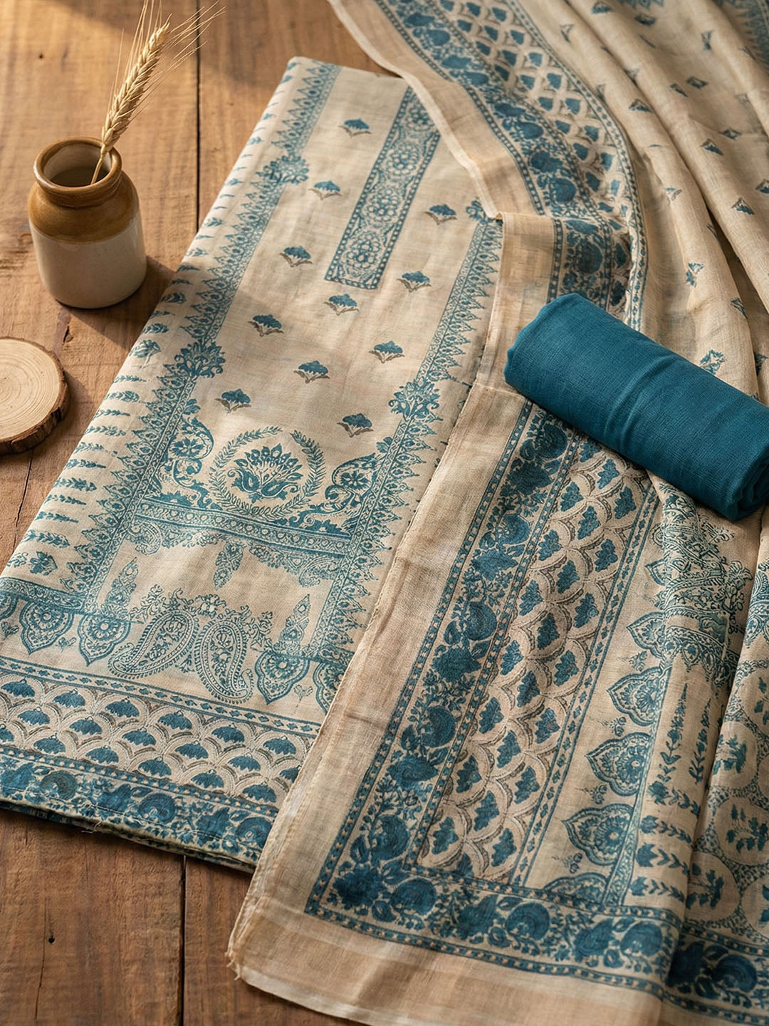 Embroidered Cotton Blend Unstitched Suit With Pant &amp; Dupatta