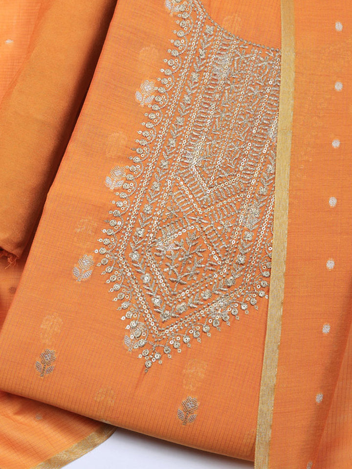 Embroidered Chanderi Unstitched Suit With Pant &amp; Dupatta
