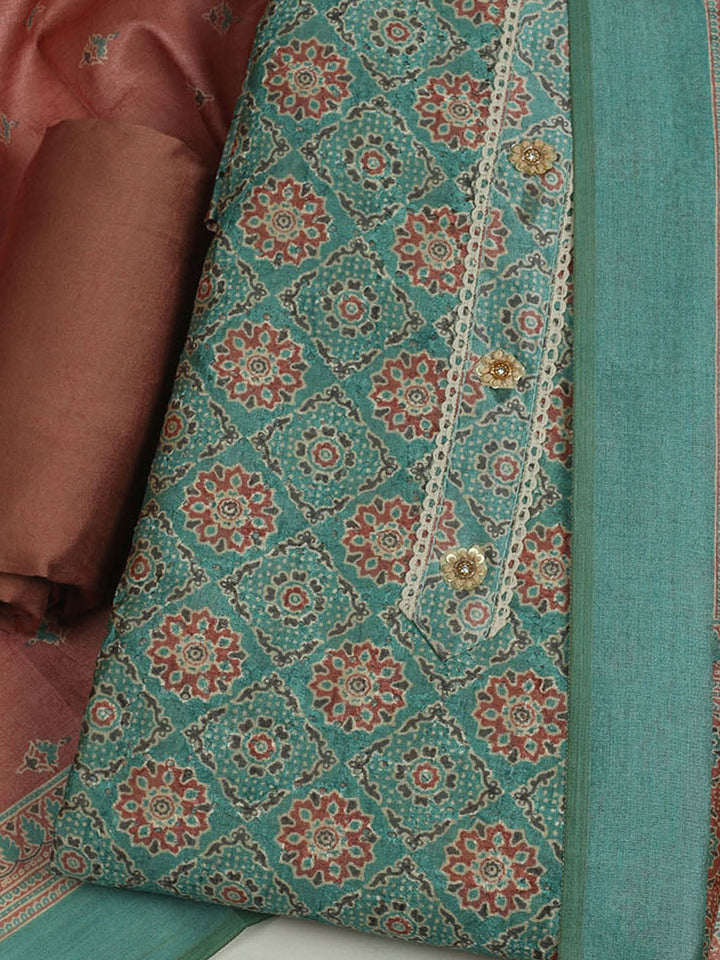 Printed Cotton Unstitched Suit With Pant &amp; Dupatta