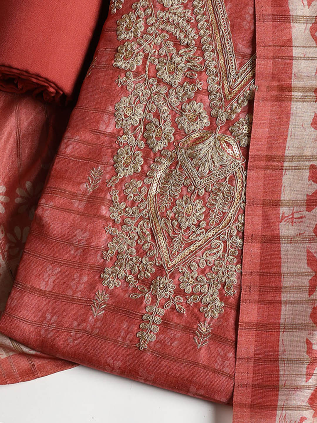 Neck Embroidered Chanderi Unstitched Suit With Dupatta