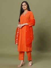 Neck Embroidered Cotton Blend Kurta With Pant & Dupatta