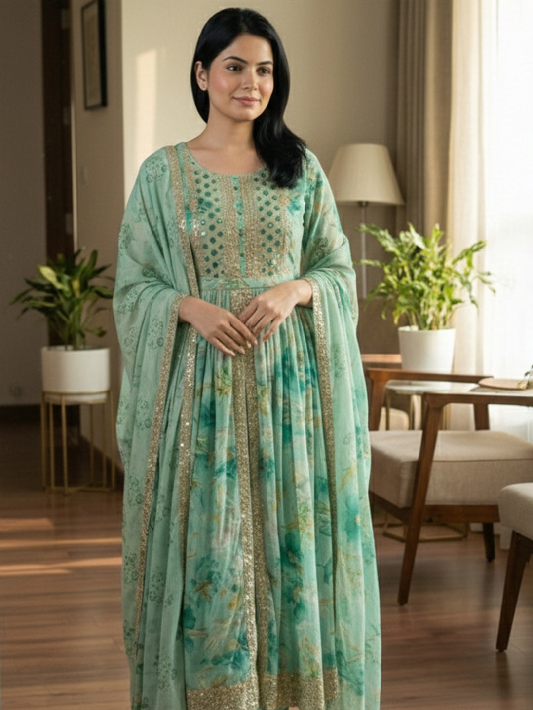 Embroidered Cotton Blend Kurta With Pant &amp; Dupatta