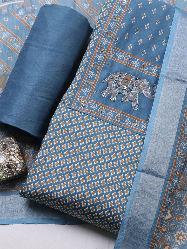 Printed Cotton Blend Unstitched Suit With Pant &amp; Dupatta