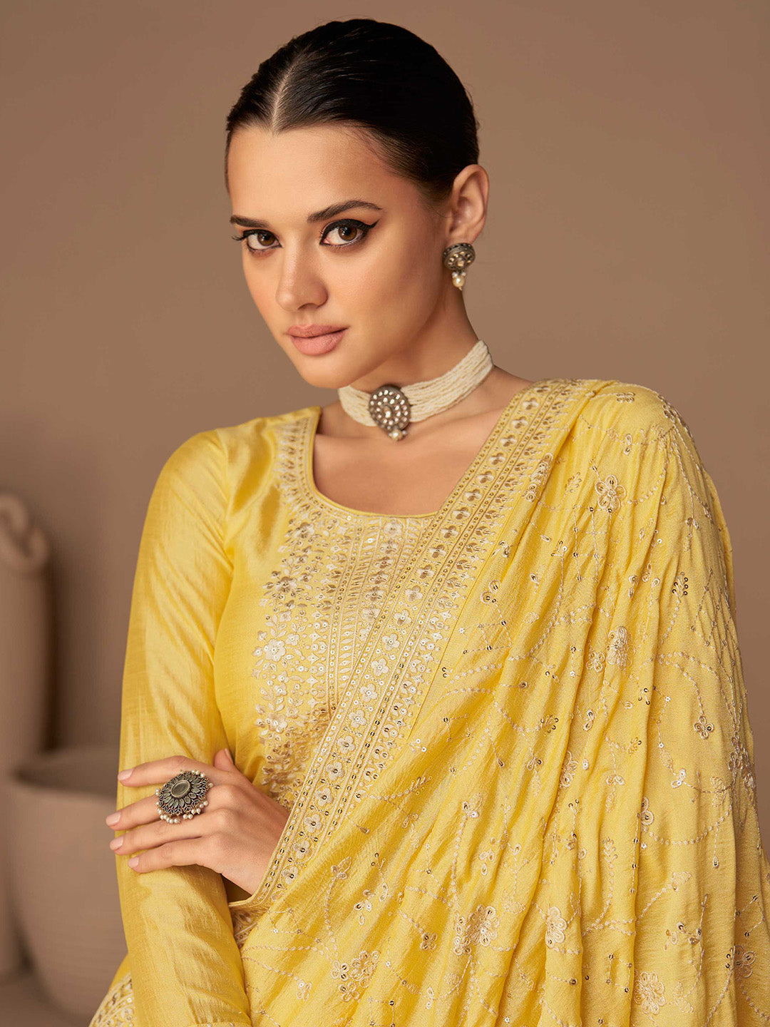 Embroidered Silk Semi Stitched Suit With Pant &amp; Dupatta