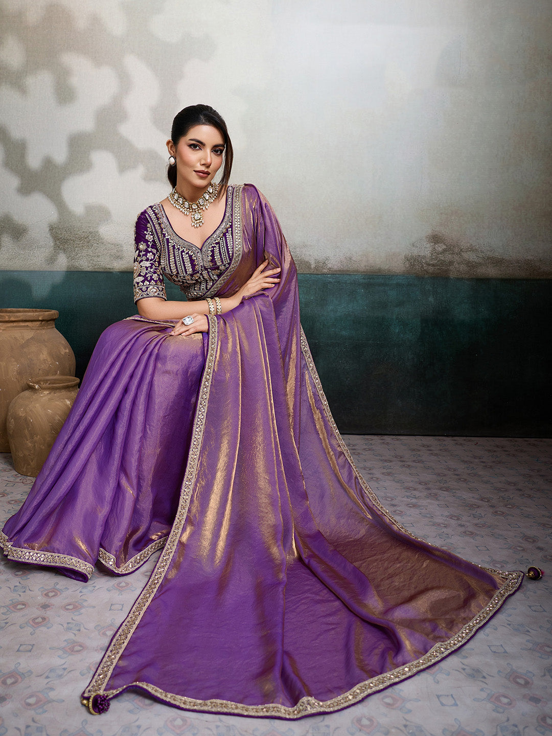 Embroidered Satin Saree With Readymade Blouse