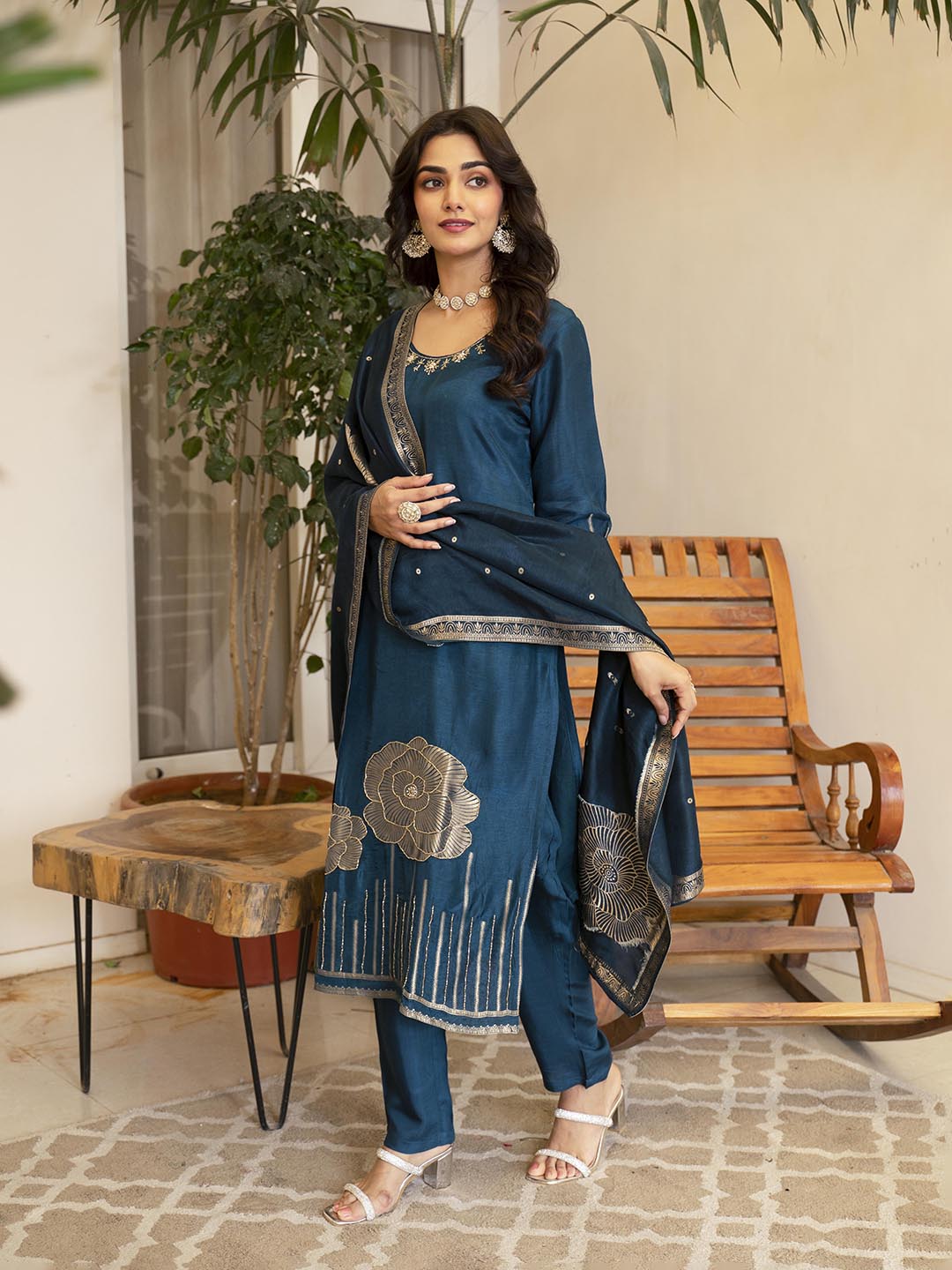 Woven Design Silk Kurta With Pant &amp; Dupatta