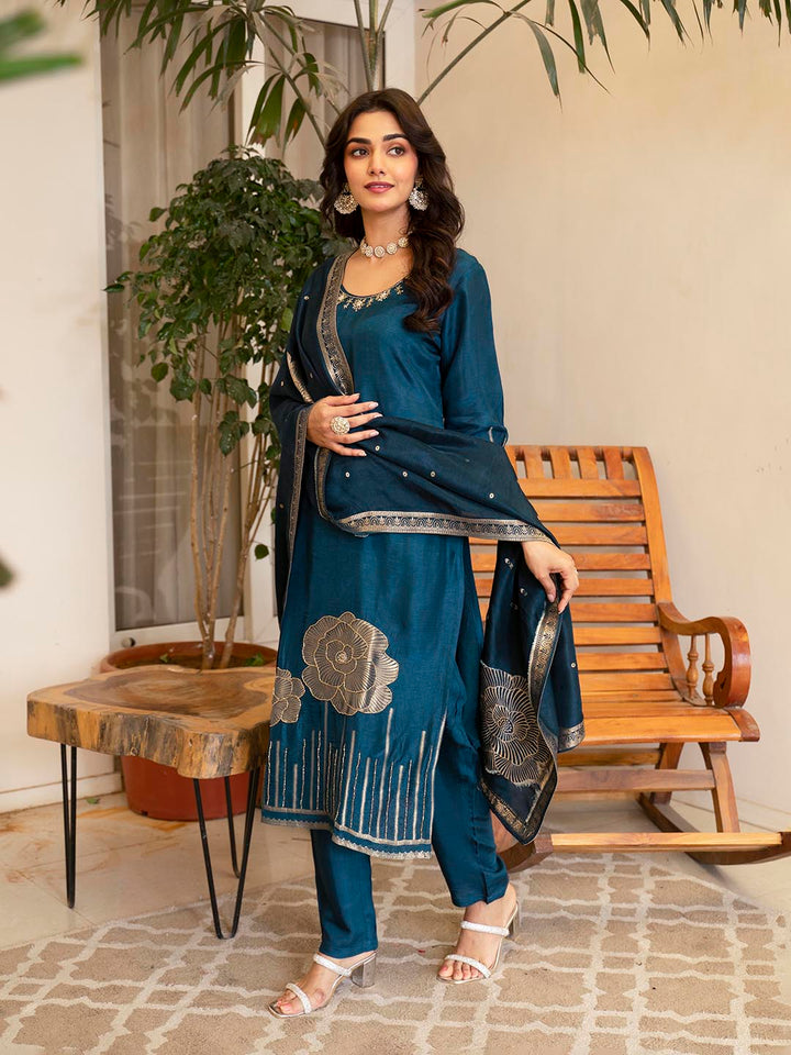 Woven Design Silk Kurta With Pant &amp; Dupatta
