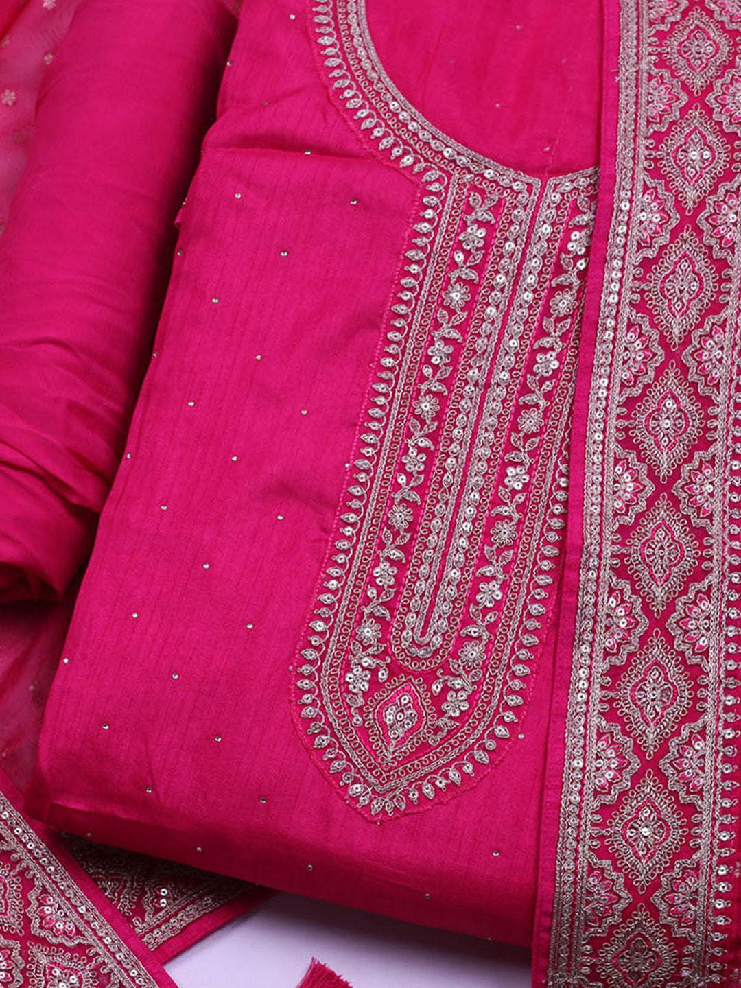 Neck Embroidered Chanderi Unstitched Suit With Dupatta