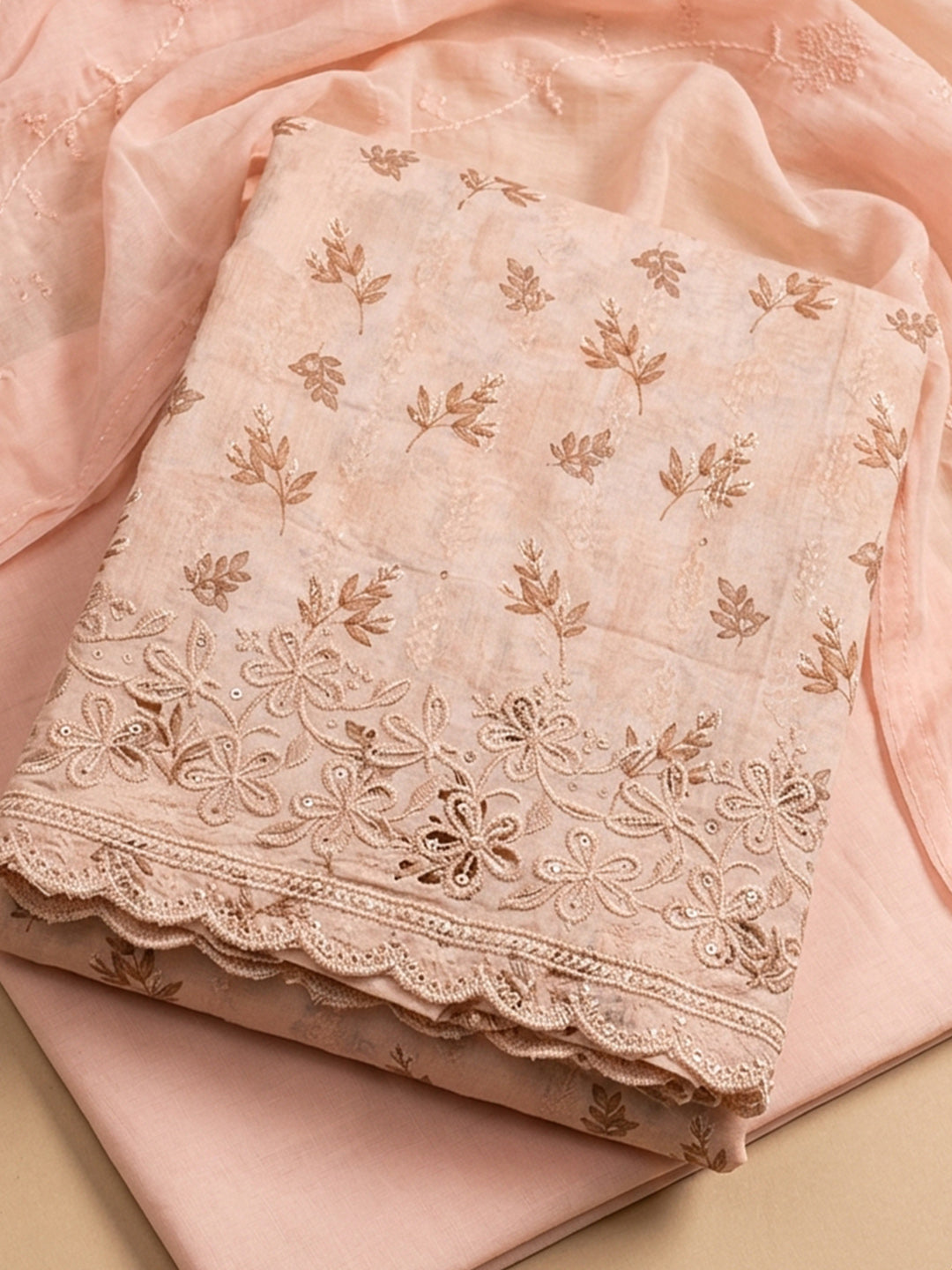 Peach Printed Cotton Blend Unstitched Suit &amp; Pant With Cotton Dupatta