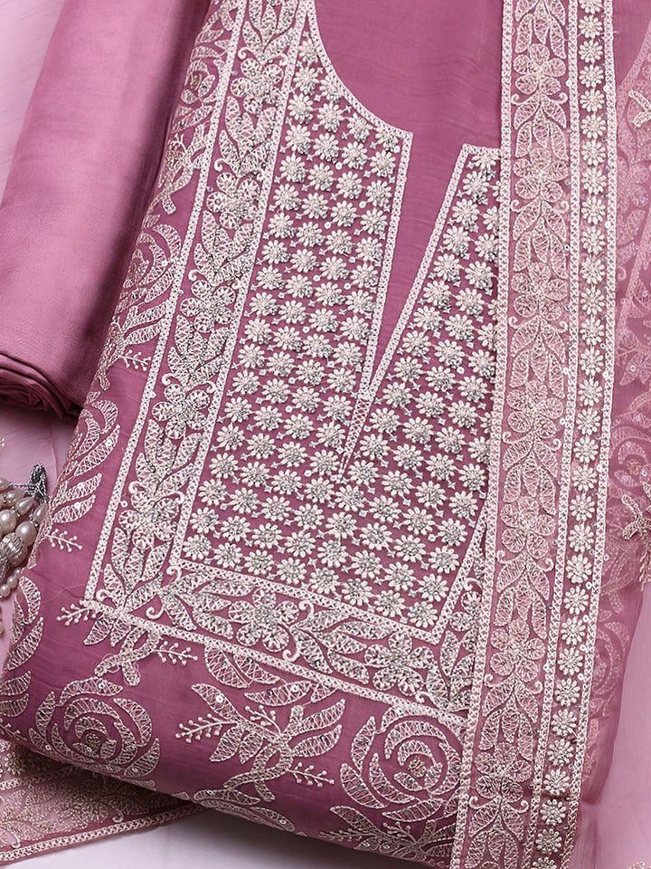 Embroidered Organza Unstitched Suit With Pant &amp; Dupatta
