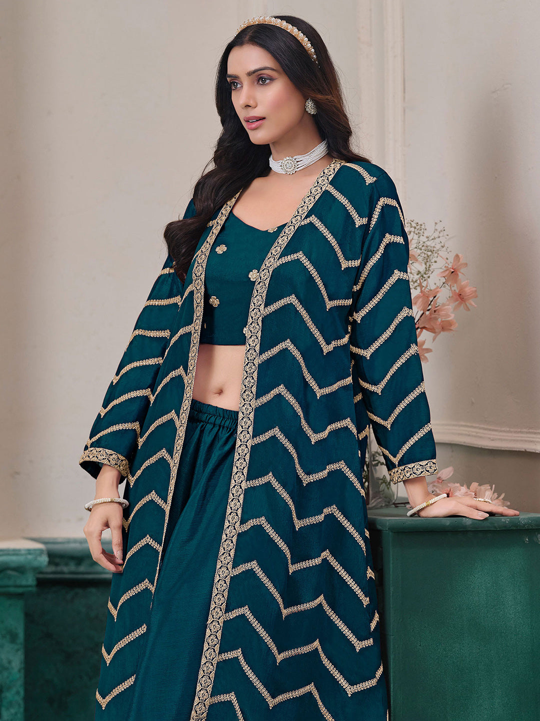 Embroidered Chinnon Choli With Plazzo &amp; Jacket