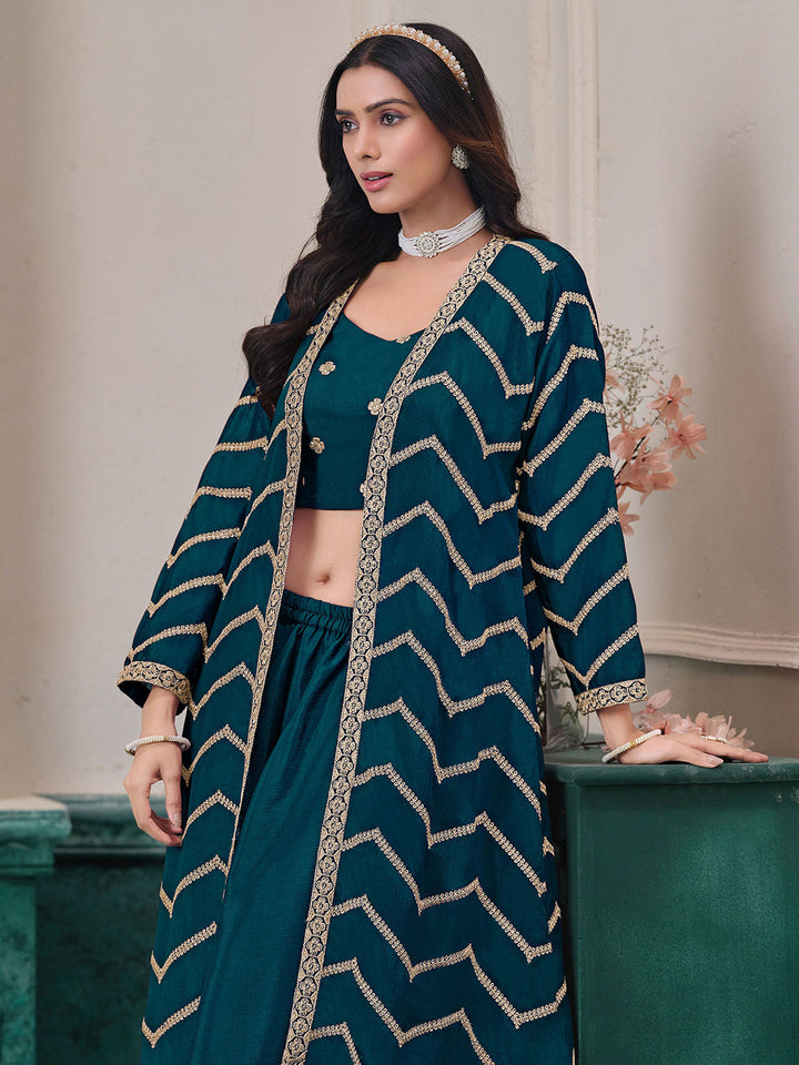 Embroidered Chinnon Choli With Plazzo &amp; Jacket