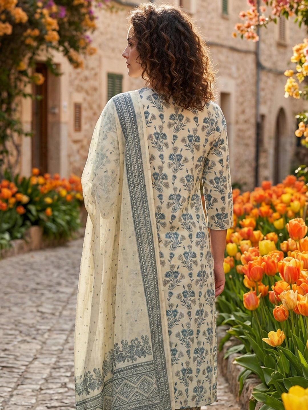 Printed Cotton Blend Suit With Pant &amp; Dupatta