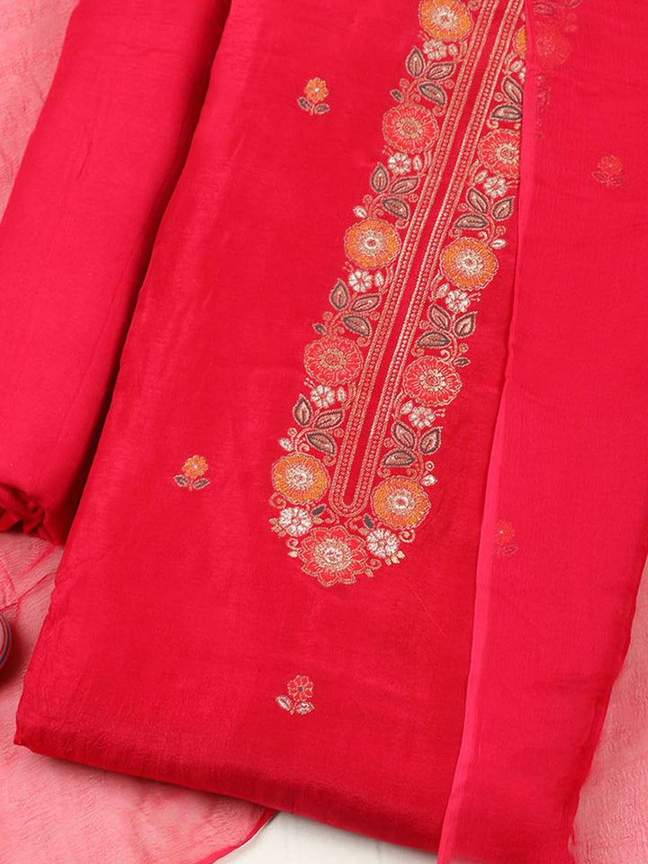 Embroidered Chanderi Unstitched Suit With Pant &amp; Dupatta