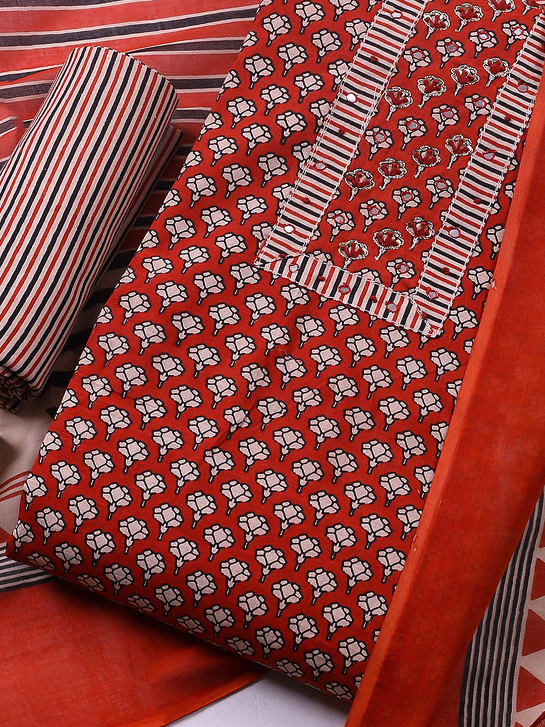 Embroidered Cotton Blend Unstitched Suit With Pant &amp; Dupatta