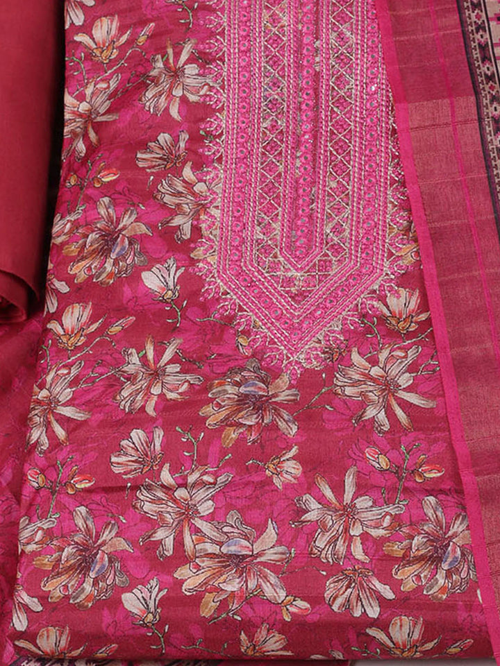 Embroidered Tussar Unstitched Suit With Pant Dupatta