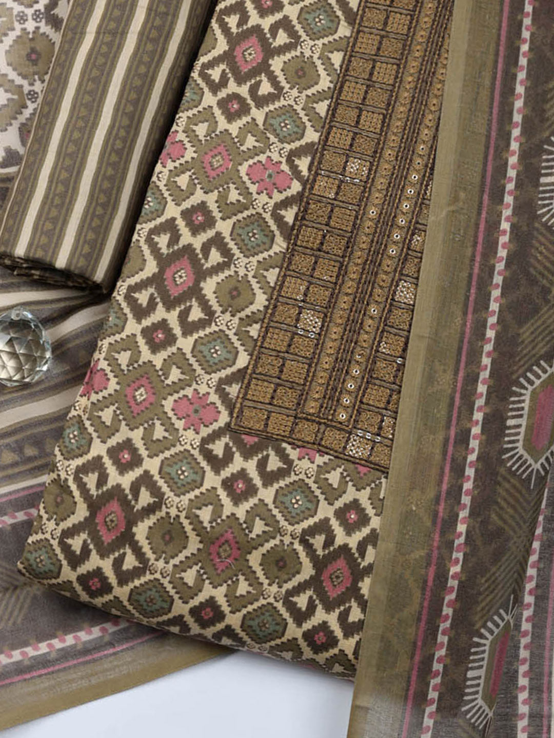 Printed Cotton Blend Unstitched Suit With Pant &amp; Dupatta