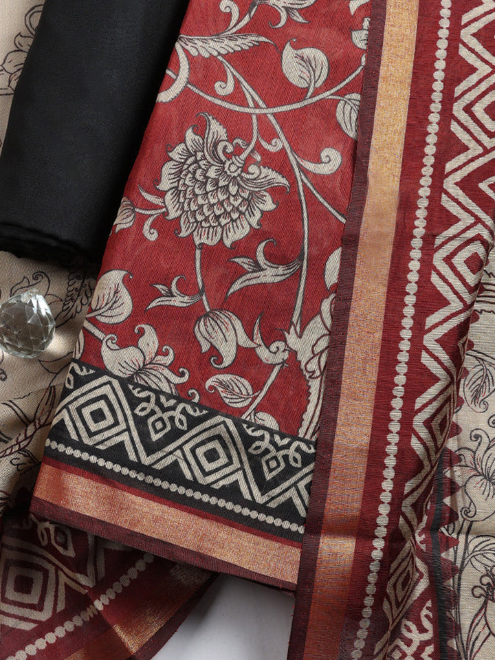 Printed, Cotton Blend Unstitched Suit With Pant &amp; Dupatta