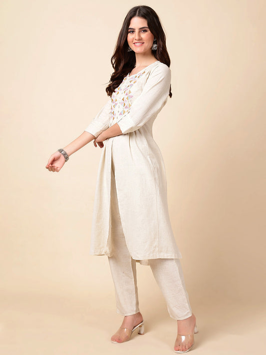 Thread Embroidered Cotton Kurta With Pants