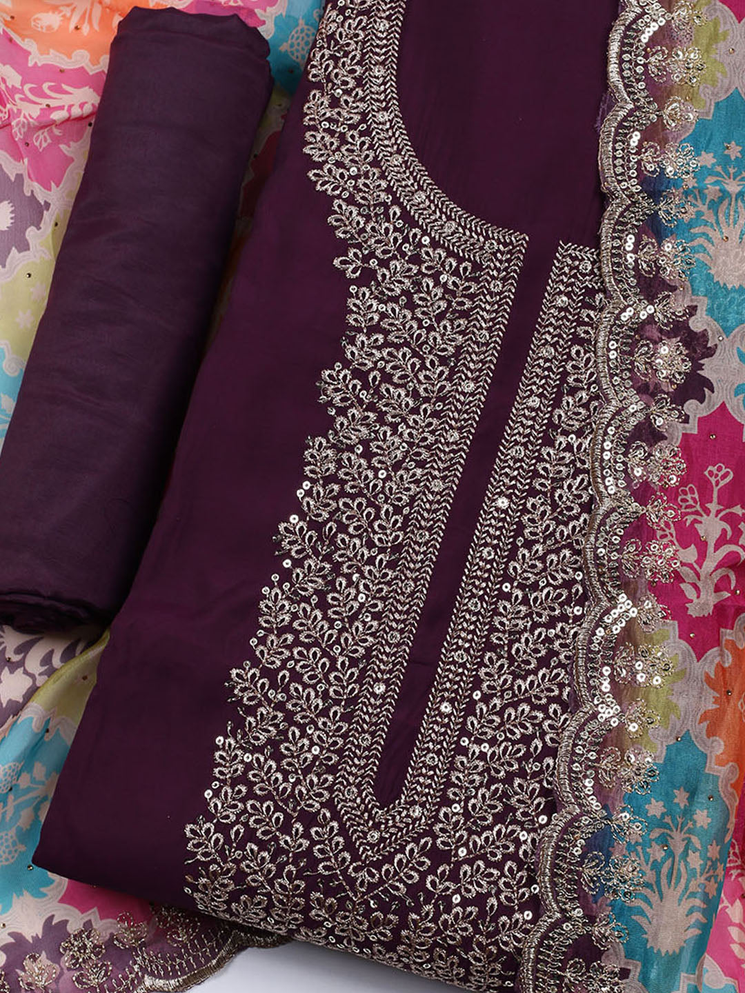 Neck Embroidered Chanderi Unstitched Suit With Dupatta