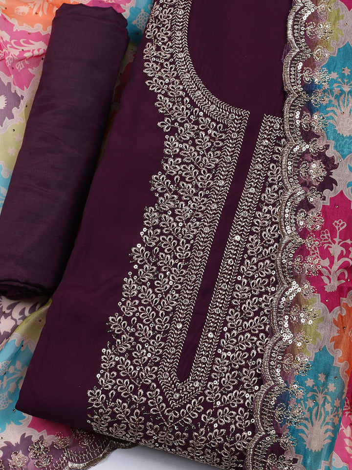 Neck Embroidered Chanderi Unstitched Suit With Dupatta