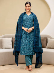 Printed Cotton Blend Kurta With Pants & Dupatta