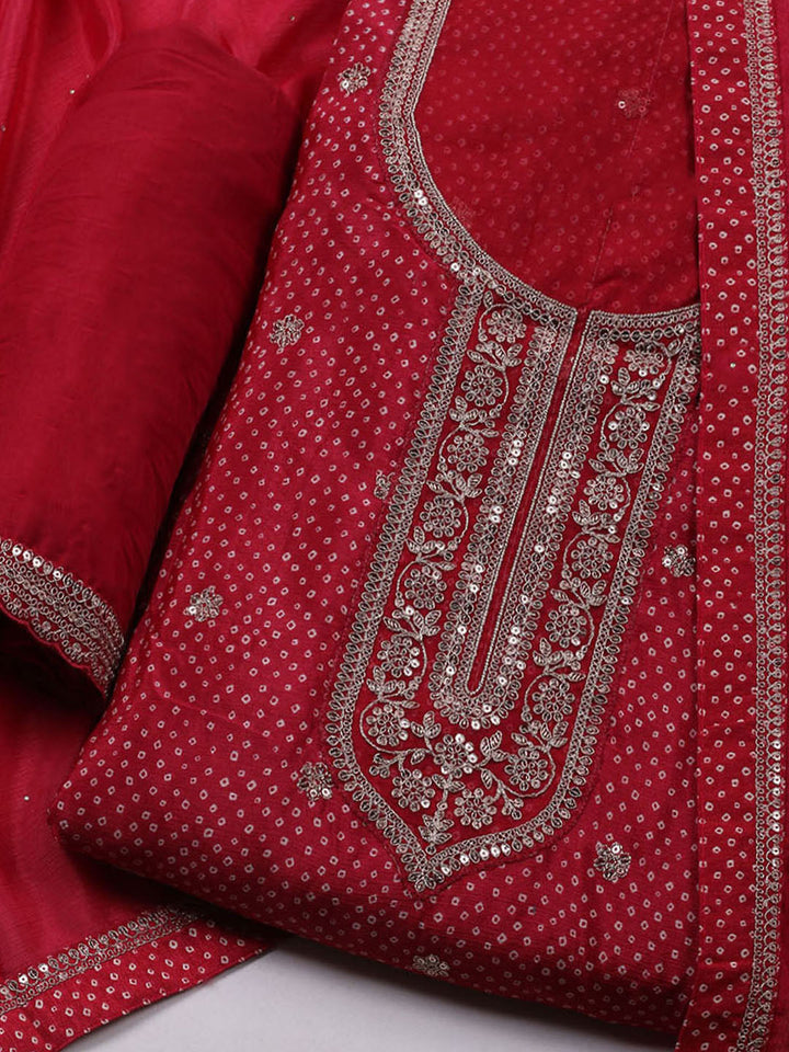 Embroidered Art Silk Unstitched Suit With Dupatta