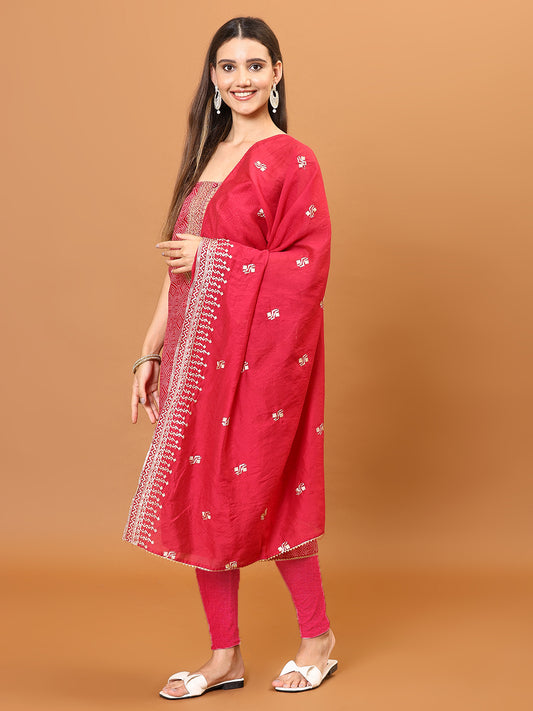 Neck Embroidery & Printed Cotton Unstitched Suit Piece With Dupatta