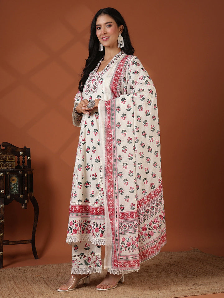 Printed Cotton Blend Kurta With Pant &amp; Dupatta
