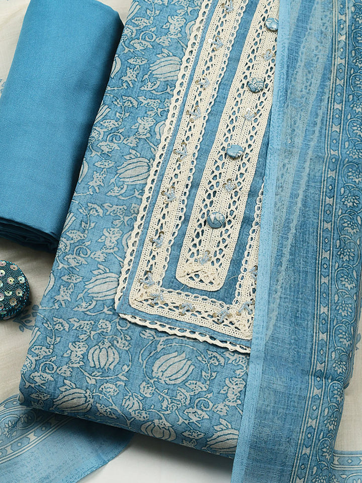 Embroidered Cotton Blend Unstitched Suit With Pant &amp; Dupatta