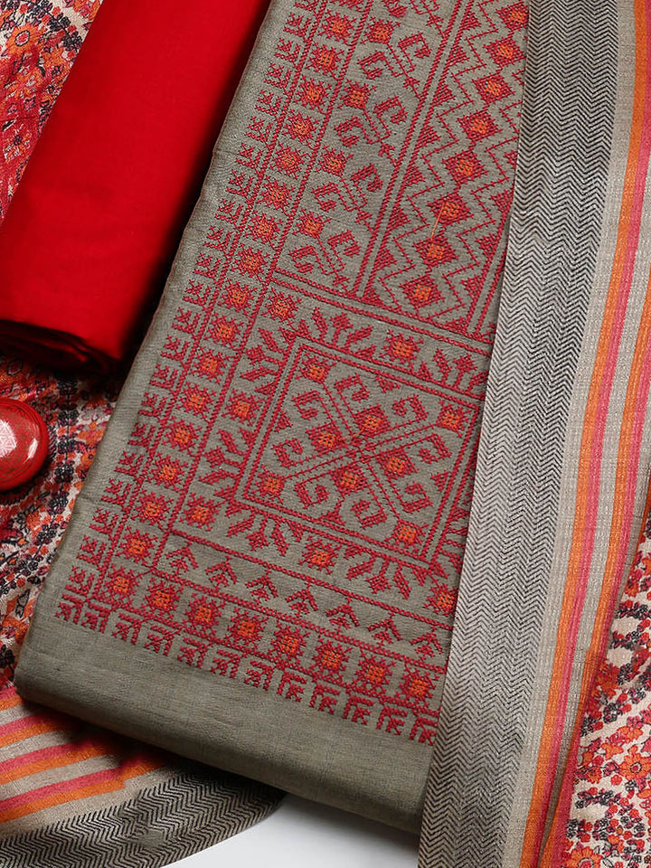 Embroidered Cotton Blend Unstitched Suit With Pant &amp; Dupatta