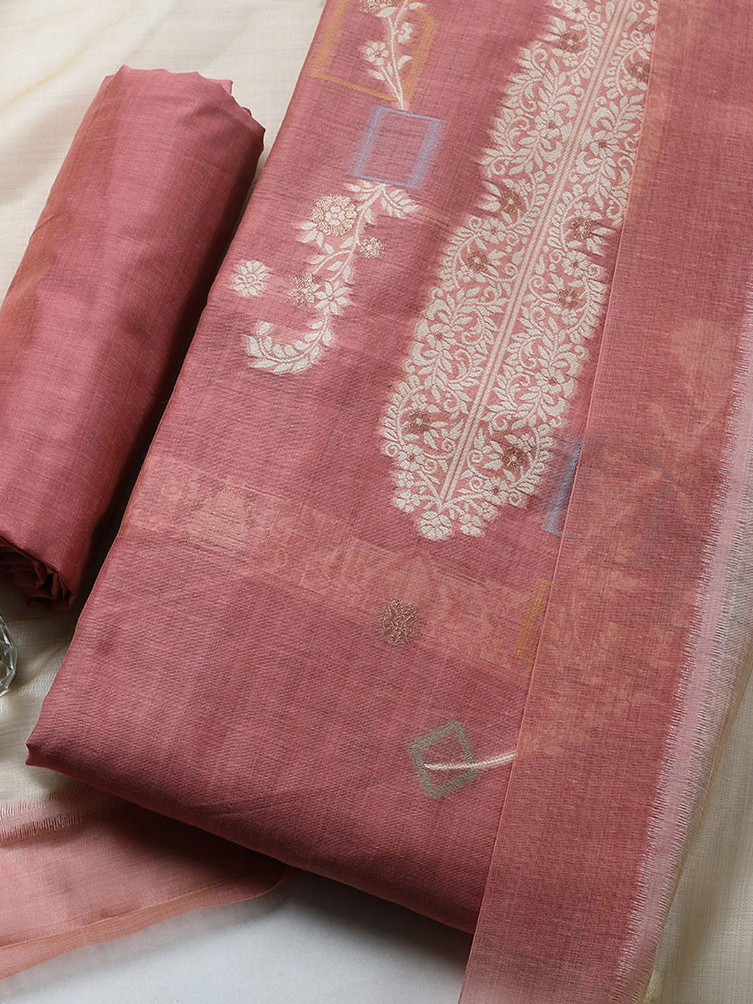 Printed Chanderi Unstitched Suit With Pant &amp; Dupatta