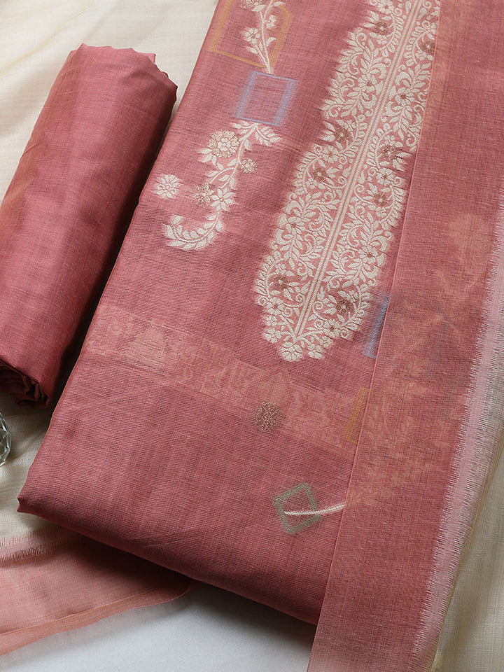 Printed Chanderi Unstitched Suit With Pant &amp; Dupatta